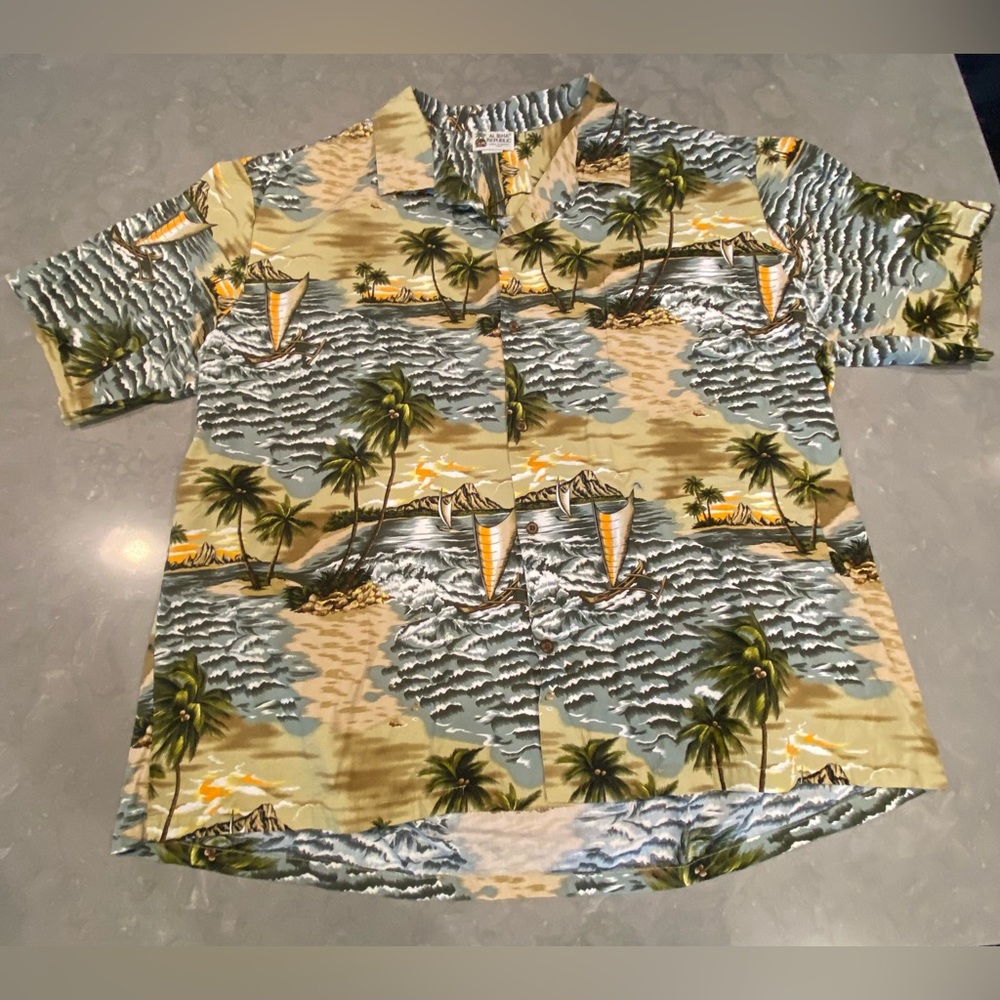 Vintage Aloha Republic Hawaiian  Tropical Waves Palms Boats Shirt 3XL Brown Grey